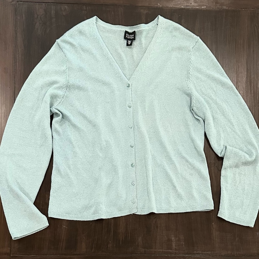 Eileen Fisher Cardigan Light Blue V Neck Size Medium Light knit sweater Spring